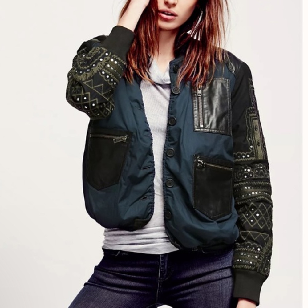 Free People Navy Blue and Black Embellished Bomber Jacket